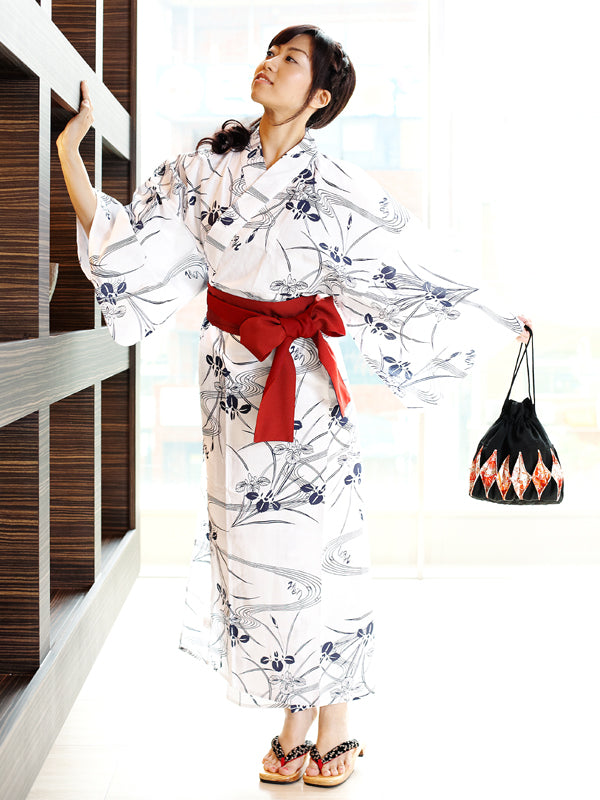 YUKATA mit Schärpengürtel. Hergestellt in Japan. Midori Yukata „Weiße Iris / 白菖蒲“
