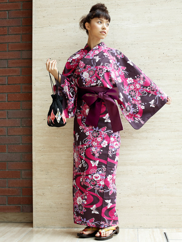 带腰带的浴衣。日本制造。Midori Yukata "Violet Flower Raft / 臙脂花筏"