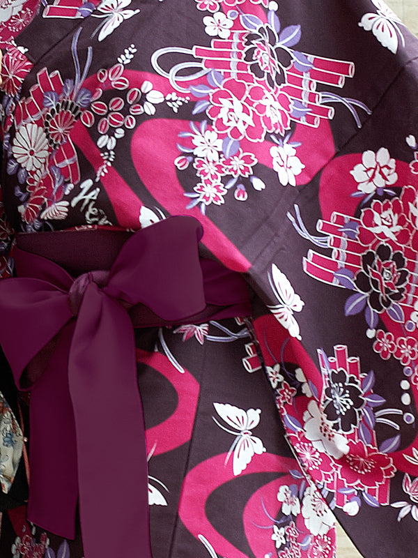 带腰带的浴衣。日本制造。绿浴衣「紫罗兰花筏 / 胭脂花筏」