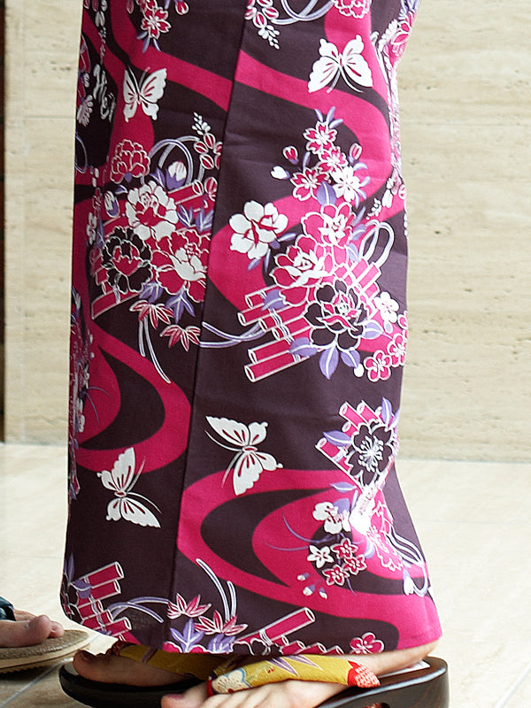 YUKATA con cinturón de faja. Hecho en Japón. Midori Yukata "Balsa de flores violetas / 臙脂花筏"
