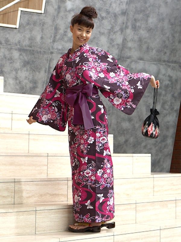 YUKATA con cintura a fascia. prodotto in Giappone. Midori Yukata "Zattera di fiori viola / 臙脂花筏"