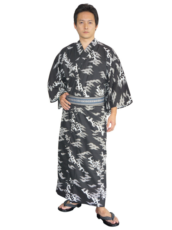 YUKATA with sash belt. made in Japan. Midori Yukata for men "Violent Waves / 黒波"