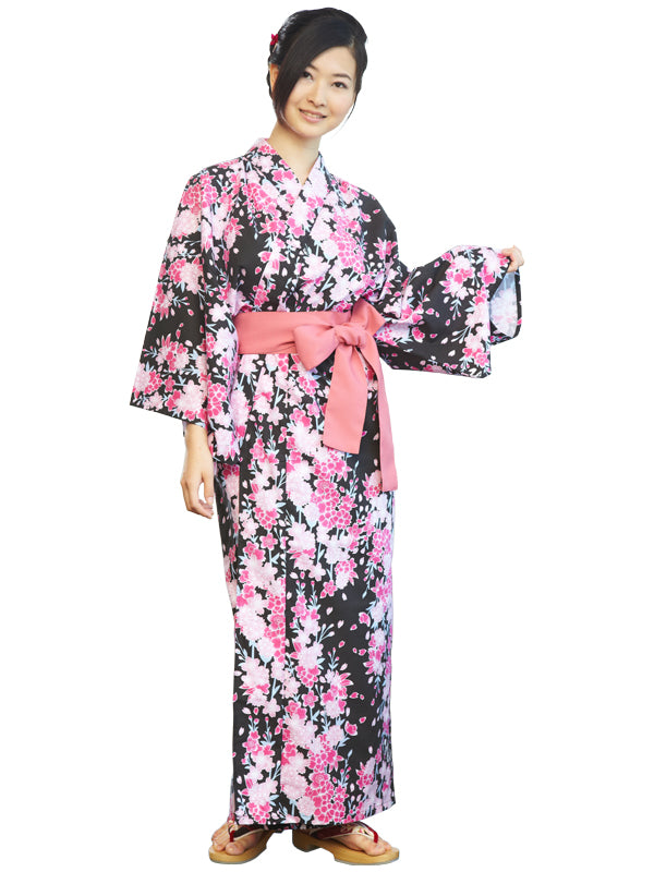 YUKATA avec ceinture en forme de ceinture. Fabriqué au Japon. Yukata Midori "Fleurs de cerisier noires / 黒桜"