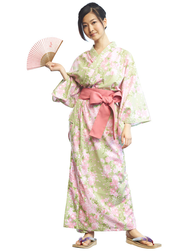 YUKATA con cinturón de faja. Hecho en Japón. Midori Yukata "Cerezos en flor verdes / 黄緑桜"
