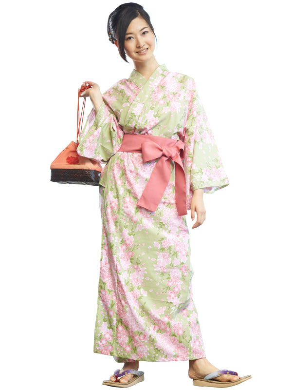 サッシュベルト付きの浴衣です。日本製。みどり浴衣「緑桜・黄緑桜」