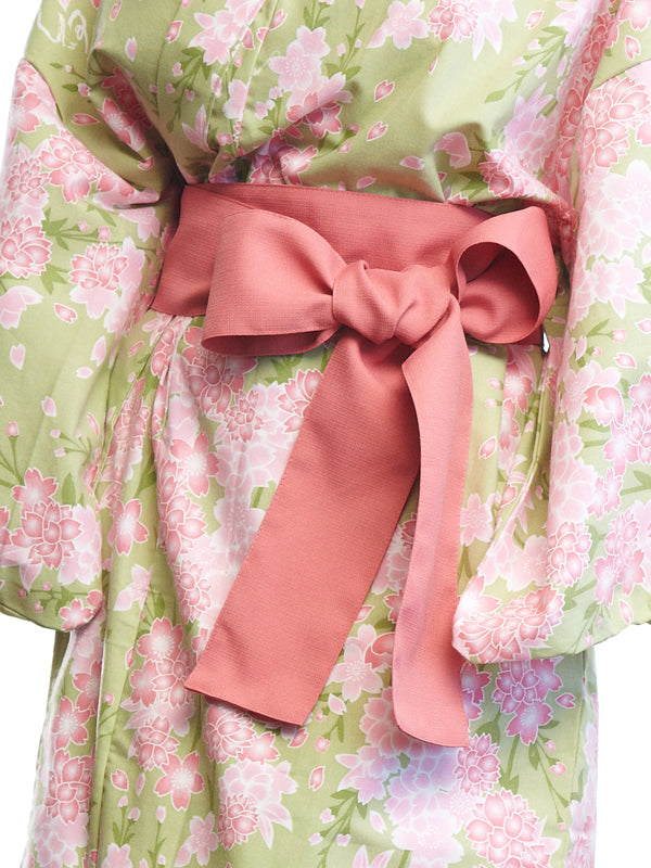 YUKATA con cinturón de faja. Hecho en Japón. Midori Yukata "Cerezos en flor verdes / 黄緑桜"