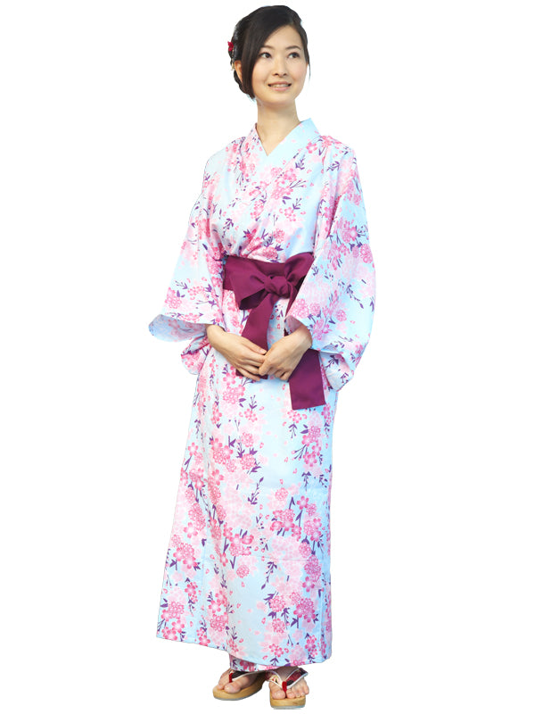 YUKATA con cinturón de faja. Hecho en Japón. Midori Yukata "Flores de cerezo azul claro / 水色桜"