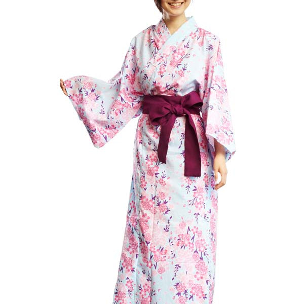 带腰带的浴衣。日本制造。绿浴衣“浅蓝色樱花/水色桜” – Midori Obi Arts