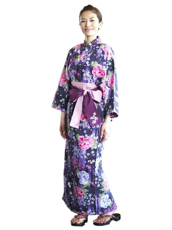 带腰带的超精细浴衣。日本制造。绿叶浴衣 "紫牡丹"