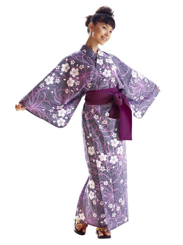 帯付き浴衣、日本製。みどり浴衣 "暴れ咲く桔梗／紫乱菊"