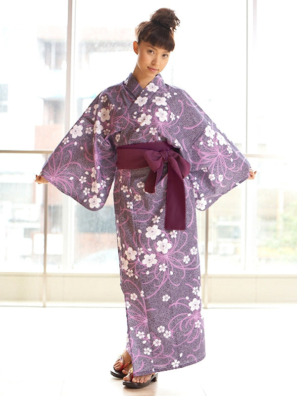 YUKATA with sash belt. made in Japan. Midori Yukata "Riotously Blooming Chrysanthemum / 紫乱菊"